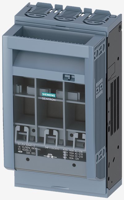 3NP1133-1CA10§SENTRON, Fuse switch disconnector 3NP1, 3-pole, NH00, 160 A, for assembly and installation on mounting plate, flat terminal, Cover level 45 mm